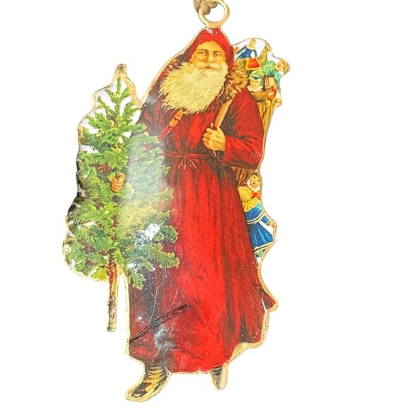 Vintage Santa Claus Christmas Ornament With Tree & Gifts Rustic Twine Hanger - Picture 1 of 3